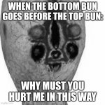 It's sad | WHEN THE BOTTOM BUN GOES BEFORE THE TOP BUN:; WHY MUST YOU HURT ME IN THIS WAY | image tagged in why must you hurt me this way | made w/ Imgflip meme maker
