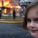 Kid in front of a burning house