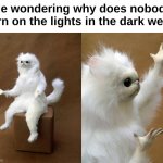 Drug dealers be stupid fr | Me wondering why does nobody turn on the lights in the dark web : | image tagged in memes,persian cat room guardian,funny,relatable,dark web,front page plz | made w/ Imgflip meme maker