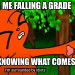 but you're the one who failed the grade | ME FALLING A GRADE; BUT KNOWING WHAT COMES NEXT | image tagged in firestar doesn't like waffles | made w/ Imgflip meme maker