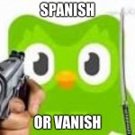 Doulingo holding a gun | SPANISH; OR VANISH | image tagged in doulingo holding a gun | made w/ Imgflip meme maker