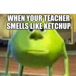 Mike Wazowski-Sulley Face Swap | WHEN YOUR TEACHER SMELLS LIKE KETCHUP | image tagged in mike wazowski-sulley face swap | made w/ Imgflip meme maker