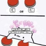 Cozy | GN; GM; BOTH COZ WE LIVE IN DIFFERENT TIMEZONES; COZYCAT | image tagged in cat pressing two buttons | made w/ Imgflip meme maker