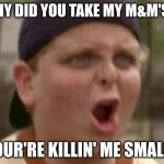 Smalls!!! | WHY DID YOU TAKE MY M&M'S!? YOUR'RE KILLIN' ME SMALLS | image tagged in you play baseball like 50 cent | made w/ Imgflip meme maker
