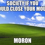 send this to somebody if they are saying something rude in comment section | SOCIETY IF YOU WOULD CLOSE YOUR MOUTH; MORON | image tagged in windows xp wallpaper,funny,rude,comment section | made w/ Imgflip meme maker