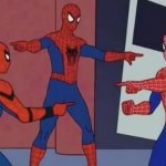 Spider-Men pointing at eachother