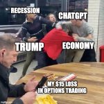 What I care ??? | RECESSION; CHATGPT; TRUMP; ECONOMY; MY $15 LOSS IN OPTIONS TRADING | image tagged in man using phone | made w/ Imgflip meme maker