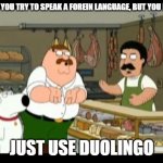 Italian kind of.. uhh.. Family Guy | WHEN YOU TRY TO SPEAK A FOREIN LANGUAGE, BUT YOU FAILED; JUST USE DUOLINGO | image tagged in family guy speaking italian,duolingo | made w/ Imgflip meme maker