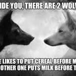 You have two wolves | INSIDE YOU, THERE ARE 2 WOLVES. ONE LIKES TO PUT CEREAL BEFORE MILK WHILE THE OTHER ONE PUTS MILK BEFORE THE CEREAL. | image tagged in memes,wolf,night | made w/ Imgflip meme maker