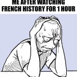 I just watched French history | ME AFTER WATCHING FRENCH HISTORY FOR 1 HOUR | image tagged in stressed meme,memes | made w/ Imgflip meme maker