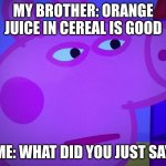 When the cereil is ungood | MY BROTHER: ORANGE JUICE IN CEREAL IS GOOD; ME: WHAT DID YOU JUST SAY | image tagged in what did you say peppa pig,cereal | made w/ Imgflip meme maker
