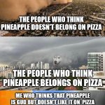 Dog Cloud Fight Stuck in Middle | THE PEOPLE WHO THINK PINEAPPLE DOESN'T BELONG ON PIZZA; THE PEOPLE WHO THINK PINEAPPLE BELONGS ON PIZZA; ME WHO THINKS THAT PINEAPPLE IS GUD BUT DOESN'T LIKE IT ON  PIZZA | image tagged in dog cloud fight stuck in middle | made w/ Imgflip meme maker