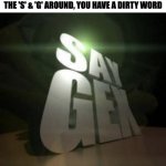 say gex | HERE'S SOMETHING, SWITCH
THE 'S' & 'G' AROUND, YOU HAVE A DIRTY WORD | image tagged in say gex,memes,meme,funny,fun,blow my mind | made w/ Imgflip meme maker