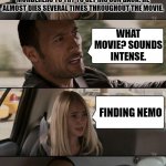Im not wrong | I WATCHED A MOVIE ABOUT A GUY WHOSE WIFE AND CHILDREN WERE MURDERED EXCEPT FOR 1 DEFORMED CHILD. THE DAD THEN GOES ACROSS THE WORLD WITH A CRAZY CHICK AND MEETS HIPPIES AND MURDERERS TO TRY TO GET HIS SON BACK. HE ALMOST DIES SEVERAL TIMES THROUGHOUT THE MOVIE. WHAT MOVIE? SOUNDS INTENSE. FINDING NEMO | image tagged in rock driving longer,finding nemo,disney | made w/ Imgflip meme maker