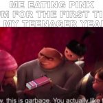 It's tastes bad | ME EATING PINK GUM FOR THE FIRST TIME IN MY TEENAGER YEARS | image tagged in wow this is garbage you actually like this,argue with the wall | made w/ Imgflip meme maker