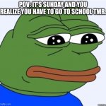 :( | POV: IT'S SUNDAY AND YOU REALIZE YOU HAVE TO GO TO SCHOOL TMR. | image tagged in sad frog,sad,school | made w/ Imgflip meme maker