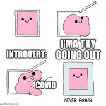 Pink Blob In the Box | INTROVERT:; I'MA TRY GOING OUT; COVID | image tagged in pink blob in the box | made w/ Imgflip meme maker
