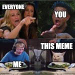 Four panel Taylor Armstrong Pauly D CallmeCarson Cat | EVERYONE; YOU; THIS MEME; ME | image tagged in four panel taylor armstrong pauly d callmecarson cat | made w/ Imgflip meme maker