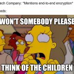Department of Pearl Clutching | Tech Company: *Mentions end-to-end encryption*
 
Feds:; WON'T SOMEBODY PLEASE; THINK OF THE CHILDREN | image tagged in helen lovejoy - children | made w/ Imgflip meme maker