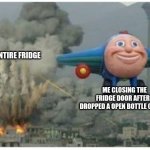 Disaster Plane | THE ENTIRE FRIDGE; ME CLOSING THE FRIDGE DOOR AFTER I DROPPED A OPEN BOTTLE OF MILK | image tagged in disaster plane | made w/ Imgflip meme maker
