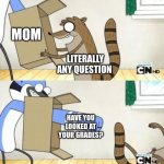 Mordecai Punches Rigby Through a Box | MOM; LITERALLY ANY QUESTION; HAVE YOU LOOKED AT YOUR GRADES? | image tagged in mordecai punches rigby through a box | made w/ Imgflip meme maker