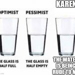 Half glass water | KAREN; THE WATER IS BEING RUDE TO ME | image tagged in half glass water | made w/ Imgflip meme maker