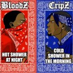 which side are you on | HOT SHOWER AT NIGHT; COLD SHOWER IN THE MORNING | image tagged in which side are you on | made w/ Imgflip meme maker
