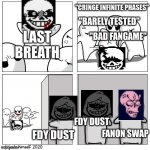 SANS RUN | "CRINGE INFINITE PHASES"; "BARELY TESTED"; LAST BREATH; "BAD FANGAME"; FDY DUST; FANON SWAP; FDY DUST | image tagged in toons scared of getting beat up,undertale,memes | made w/ Imgflip meme maker