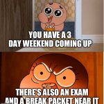 Just why? | YOU HAVE A 3 DAY WEEKEND COMING UP; THERE'S ALSO AN EXAM AND A BREAK PACKET NEAR IT | image tagged in gumball - anais false hope meme | made w/ Imgflip meme maker