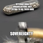 hammer breaking pill | INTERNATIONAL ORGANIZATIONS JUST TRYING TO DO THEIR JOBS; SOVEREIGNTY | image tagged in hammer breaking pill | made w/ Imgflip meme maker