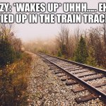 Train tracks disaster! | SUZY: *WAKES UP* UHHH….. EH?! I’M TIED UP IN THE TRAIN TRACKS?! | image tagged in train tracks,disaster | made w/ Imgflip meme maker