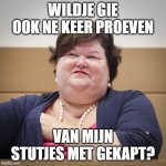 stutten met gekapt | WILDJE GIE OOK NE KEER PROEVEN; VAN MIJN STUTJES MET GEKAPT? | image tagged in belgium health minister - maggie de block 2 | made w/ Imgflip meme maker