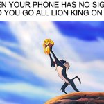 Real | WHEN YOUR PHONE HAS NO SIGNAL SO YOU GO ALL LION KING ON IT: | image tagged in lion king rafiki simba,funny,relatable,memes,real story | made w/ Imgflip meme maker