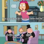 Its fax tho | Fortnite; cod; Roblox; Minecraft | image tagged in you guys always act like you're better than me | made w/ Imgflip meme maker