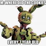 derpy springtrap | MOM: WHERE DID THE COOKIES GO; EVERY 7 YEAR OLD | image tagged in derpy springtrap | made w/ Imgflip meme maker