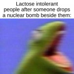 Hmmm | Teacher: Alright today we are going to fingerpaint; Lactose intolerant people after someone drops a nuclear bomb beside them: | image tagged in kermit screaming,funny,memes | made w/ Imgflip meme maker