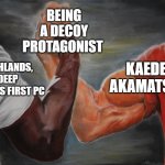 It's tough being a fakeout main character | BEING A DECOY PROTAGONIST; KAEDE AKAMATSU; HIGHLANDS, DEEP WATERS FIRST PC | image tagged in holding hands,gaming,danganronpa | made w/ Imgflip meme maker