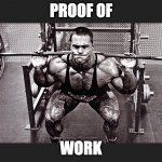 Bodybuilder squatting black border | PROOF OF; WORK | image tagged in bodybuilder squatting black border | made w/ Imgflip meme maker