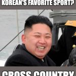 Cross country | WHAT ARE NORTH KOREAN'S FAVORITE SPORT? CROSS COUNTRY | image tagged in happy kim jong un,border wall | made w/ Imgflip meme maker