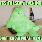 RayCat Chillin' | IT’S TUESDAY EVENING; I DON’T KNOW WHAT TO POST | image tagged in raycat chillin',memes,raycat | made w/ Imgflip meme maker