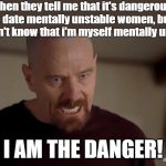schizophrenia go brrrr | when they tell me that it's dangerous to date mentally unstable women, but they don't know that i'm myself mentally unstable; I AM THE DANGER! | image tagged in i am the one who knocks | made w/ Imgflip meme maker