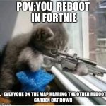cats with guns | POV:YOU  REBOOT
 IN FORTNIE; .   EVERYONE ON THE MAP HEARING THE OTHER REBOOT
GARDEN CAT DOWN | image tagged in cats with guns | made w/ Imgflip meme maker