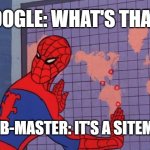 Web master sitemap | GOOGLE: WHAT'S THAT? WEB-MASTER: IT'S A SITEMAP | image tagged in spiderman map,spiderman sitemap,webmaster sitemap | made w/ Imgflip meme maker