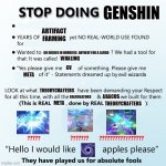 stop doing genshin | GENSHIN; ARTIFACT FARMING; GO HIGHER IN NUMBERS  ANYWAY FOR A LAUGH; WHALING; CV; META; THEORYCRAFTERS; ABACUS; CALCULATORS; THEORYCRAFTERS; META | image tagged in stop doing x | made w/ Imgflip meme maker