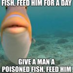 staring fish | GIVE A MAN A FISH, FEED HIM FOR A DAY; GIVE A MAN A POISONED FISH, FEED HIM FOR THE REST OF HIS LIFE | image tagged in staring fish,dark humor,fish,poem,funny | made w/ Imgflip meme maker