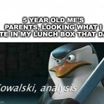 not funny, but true. | 5 YEAR OLD ME'S PARENTS, LOOKING WHAT I ATE IN MY LUNCH BOX THAT DAY | image tagged in kowalski analysis | made w/ Imgflip meme maker