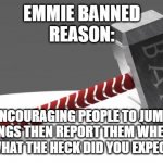 mom stopped me fortunately | EMMIE BANNED
REASON:; ENCOURAGING PEOPLE TO JUMP OF BUILDINGS THEN REPORT THEM WHEN THEY DO
WHAT THE HECK DID YOU EXPECT | image tagged in da banhammer | made w/ Imgflip meme maker