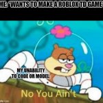 ah maaan... I wanted to create Tower Defense: Certified on roblox | ME: *WANTS TO MAKE A ROBLOX TD GAME*; MY UNABILITY TO CODE OR MODEL: | image tagged in no you ain't,coding,roblox | made w/ Imgflip meme maker