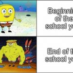anybody else? | Beginning of the school year; End of the school year | image tagged in weak vs strong spongebob,spongebob,memes,school | made w/ Imgflip meme maker