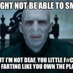 Haha | I MIGHT NOT BE ABLE TO SMELL; BUT I’M NOT DEAF, YOU LITTLE F#CK! STOP FARTING LIKE YOU OWN THE PLACE!!! | image tagged in lord voldemort | made w/ Imgflip meme maker